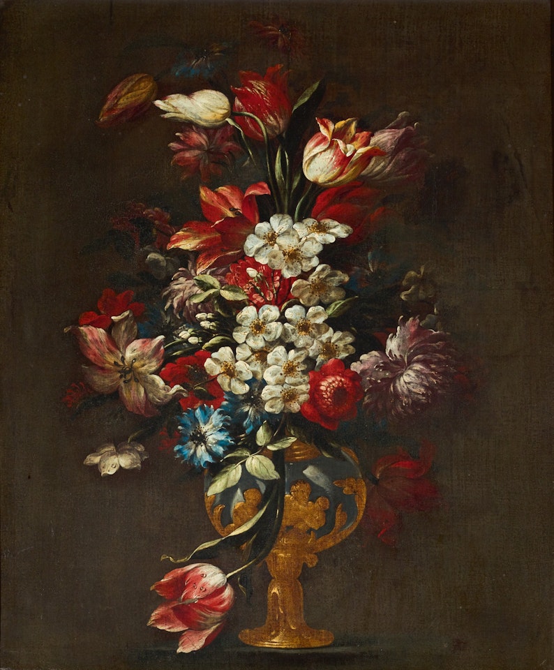 STILL LIFE OF FLOWERS, INCLUDING TULIPS AND APPLE BLOSSOM, IN A VASE DECORATED WITH GILT RELIEF by Roman School
