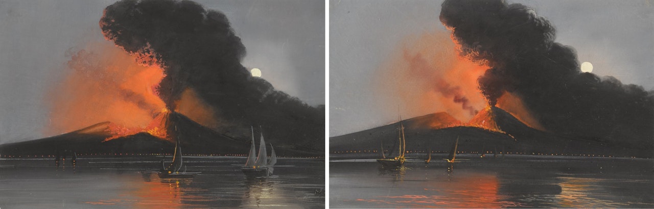 NAPLES: TWO NOCTURNAL VIEWS OF VESUVIUS ERUPTING by Neapolitan School
