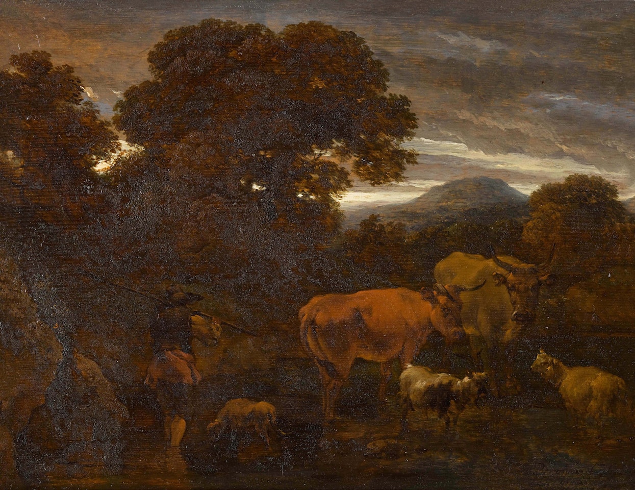 WOODED LANDSCAPE WITH A SHEPHERD AND HIS CATTLE FORDING A STREAM by Nicolaes Pietersz Berchem