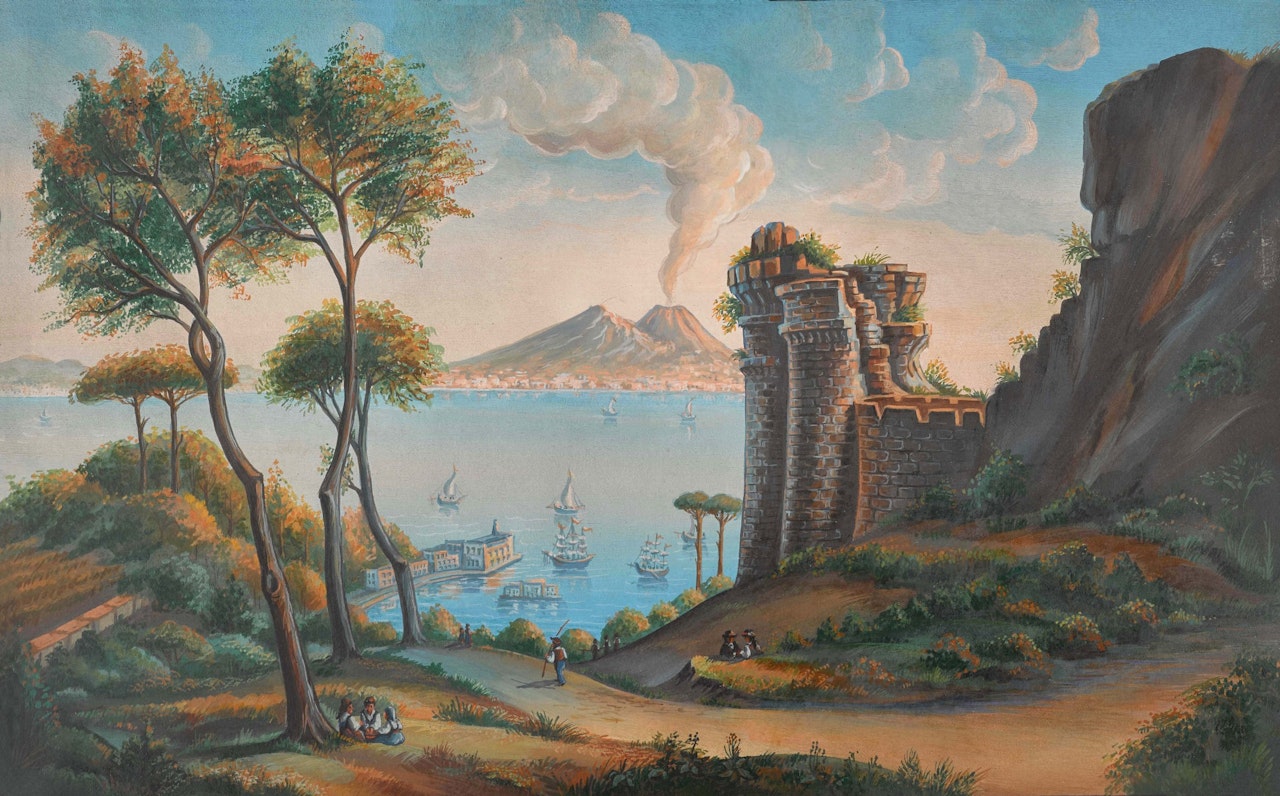 NAPLES, A VIEW OF VESUVIUS ERUPTING by Neapolitan School