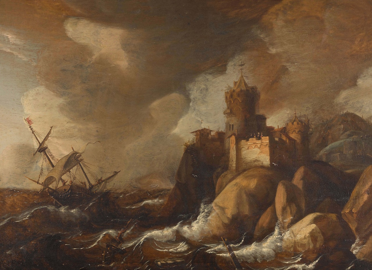 A SHIP IN A STORMY SEA OFF A ROCKY COAST by Dutch School