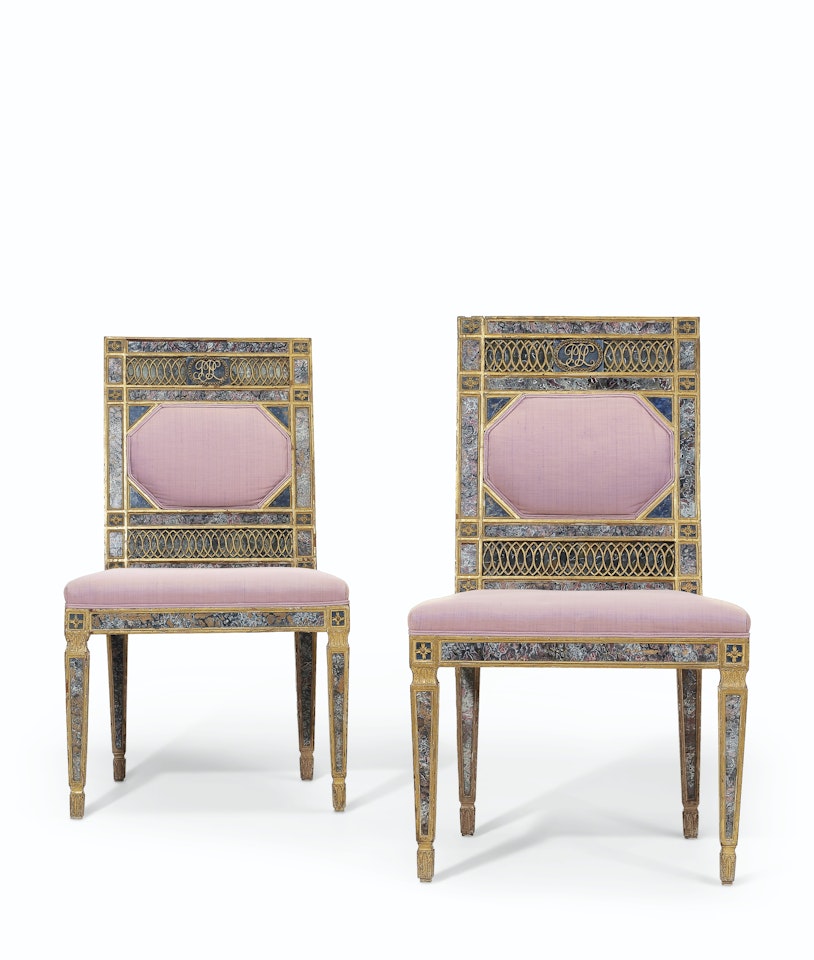 A PAIR OF SOUTH ITALIAN GILTWOOD, GILT-LEAD MOUNTED AND REVERSE-PAINTED GLASS SIDE CHAIRS by Anonymous