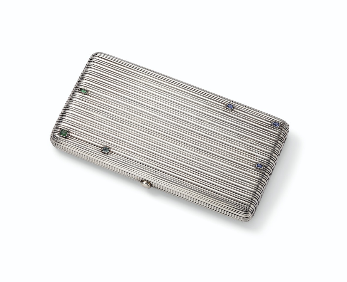 A RUSSIAN JEWELED SILVER CIGARETTE CASE by Anonymous