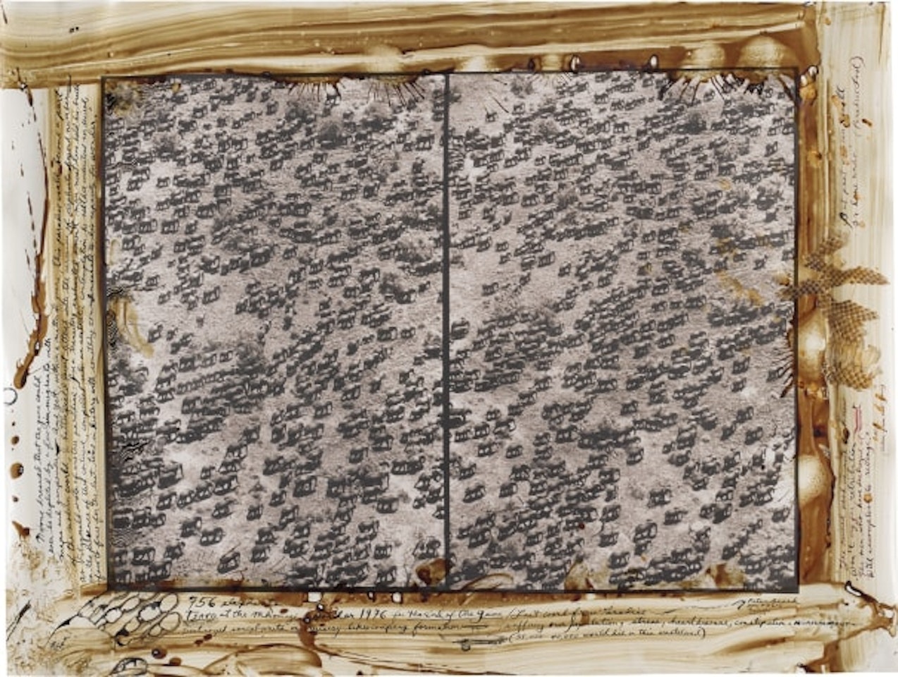 756 elephants / Tsavo at the Mkomazi Border 1976 for The End of the Game / Last word from Paradise / …Destroyed social units in misery-likes company formation; Suffering over population, stress, heart disease, constipation + MISMANAGEMENT / (35,000-40,000 would die in this wasteland) by Peter Beard