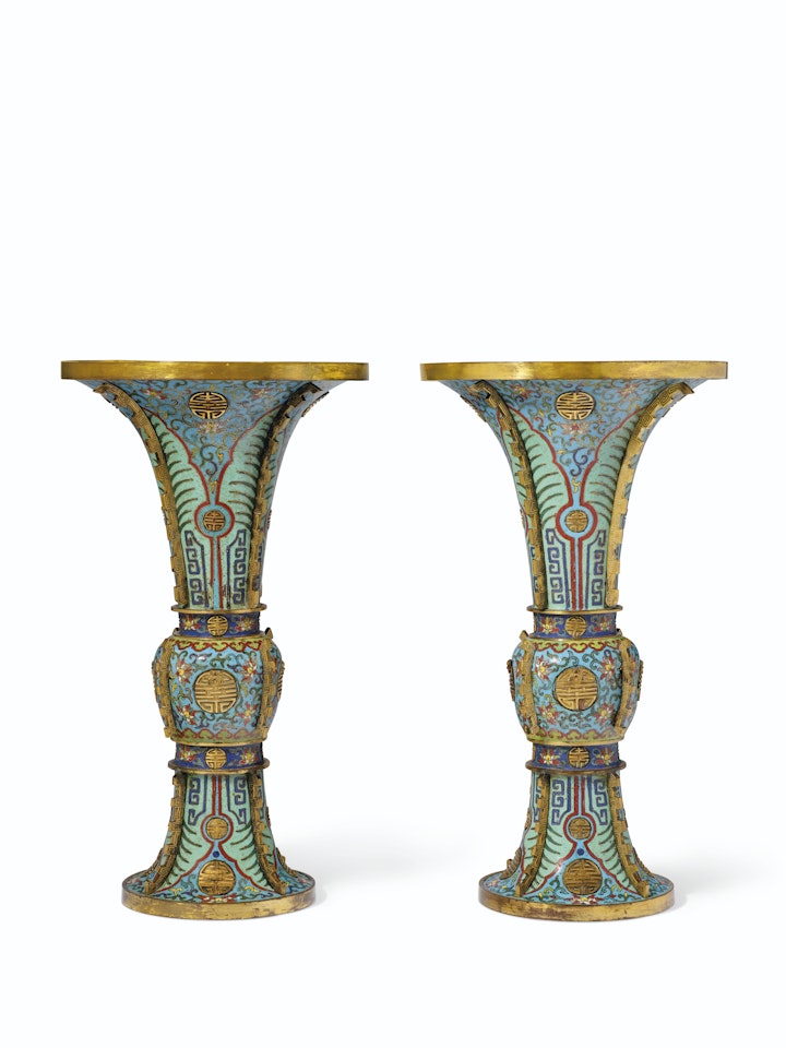 A PAIR OF LARGE CLOISONNÉ ENAMEL GU-FORM VASES by Anonymous