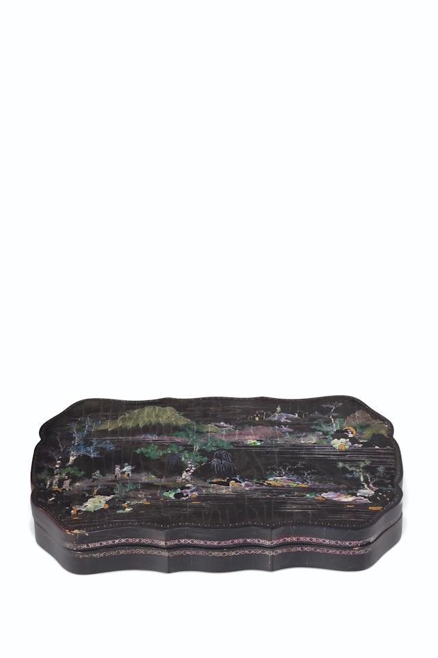 AN UNUSUAL MOTHER-OF-PEARL-INLAID BLACK LACQUER SHALLOW BOX AND COVER by Anonymous