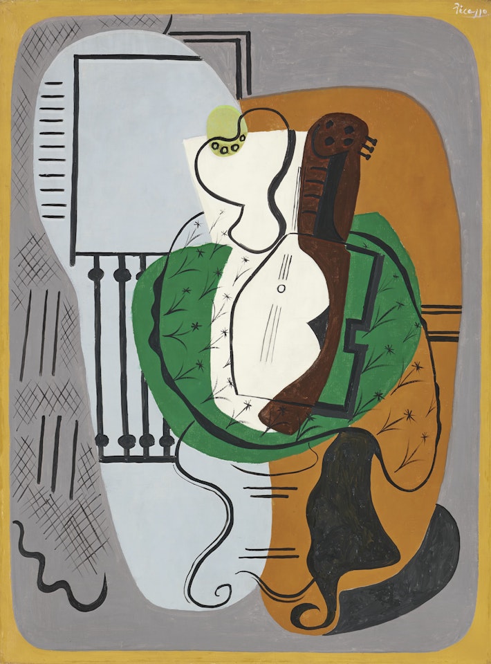 Guitare et compotier sur un guéridon devant la fenêtre by Pablo Picasso