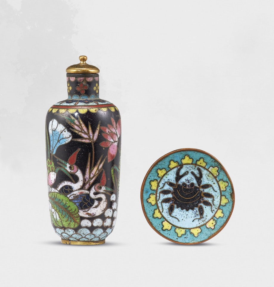 A CLOISONNE ENAMEL ‘EGRET AND LOTUS’ SNUFF BOTTLE by Anonymous
