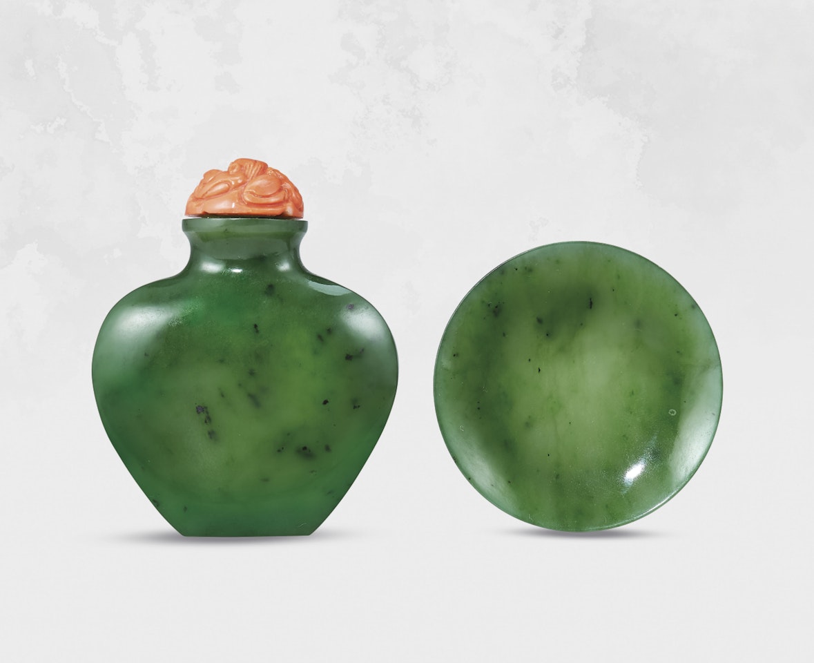 A SPINACH-GREEN JADE SNUFF BOTTLE by Anonymous