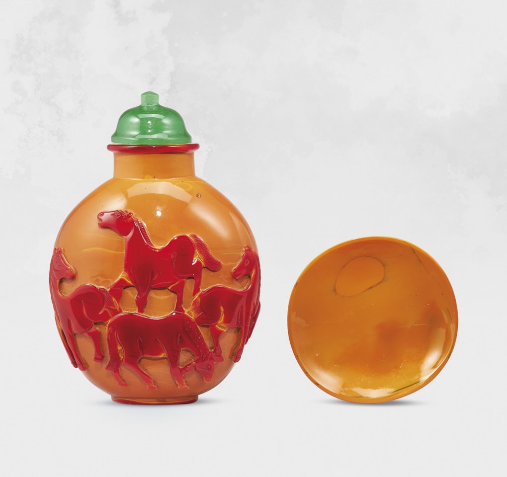 A RED-OVERLAY ‘REALGAR’ GLASS ‘EIGHT HORSES’ SNUFF BOTTLE by Anonymous