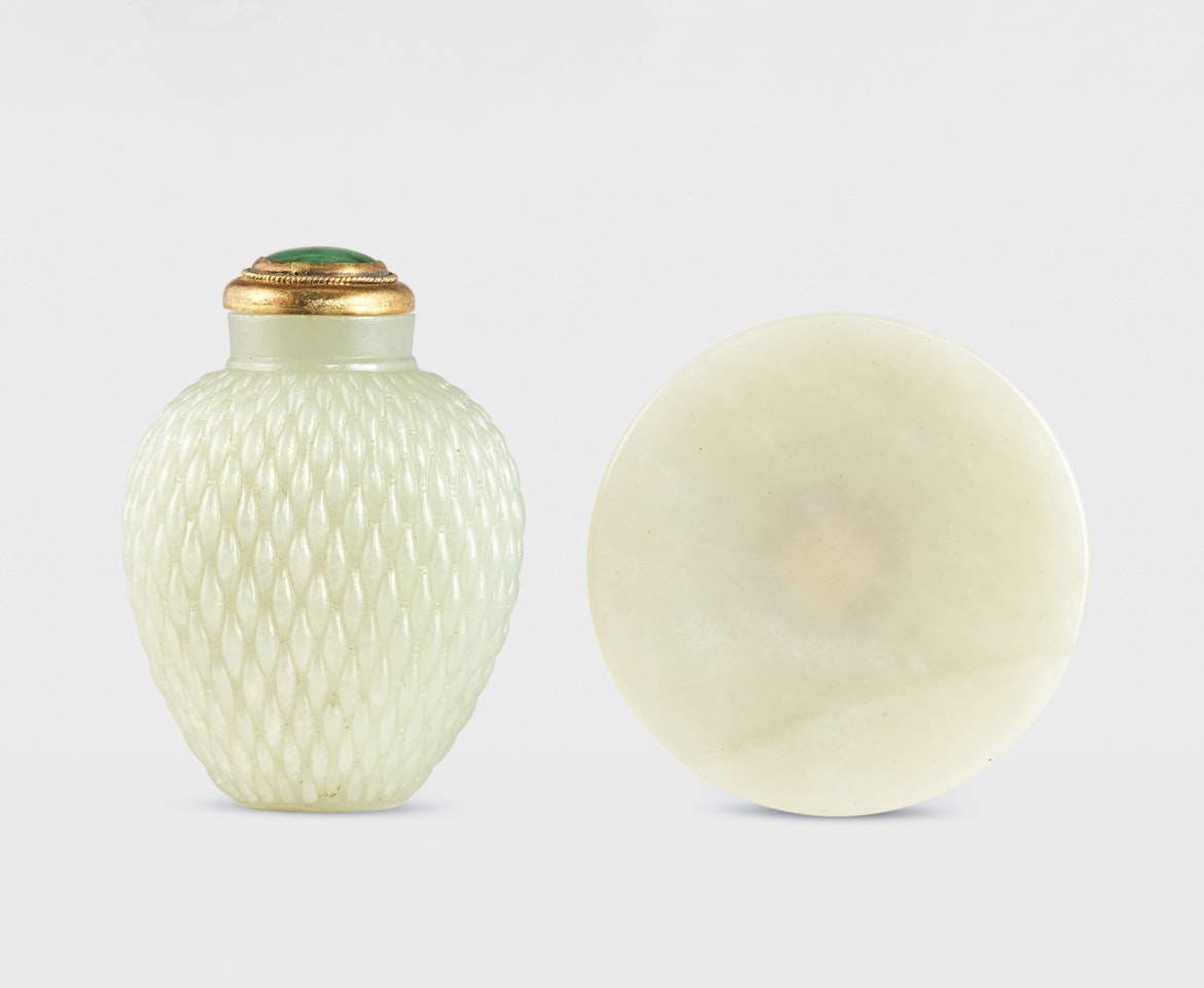 A PALE CELADON JADE ‘BASKET-WEAVE’ SNUFF BOTTLE by Anonymous