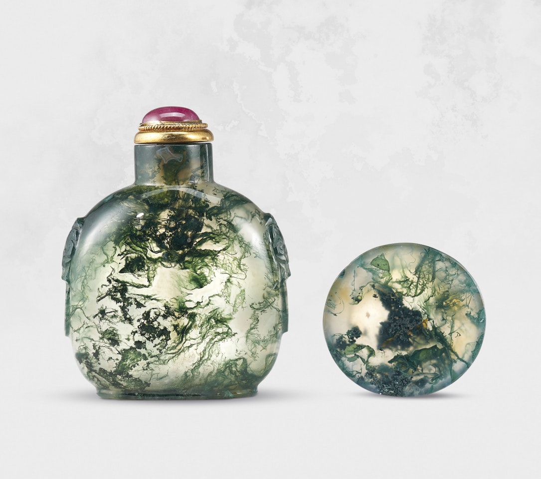 A CARVED MOSS-AGATE SNUFF BOTTLE by Anonymous