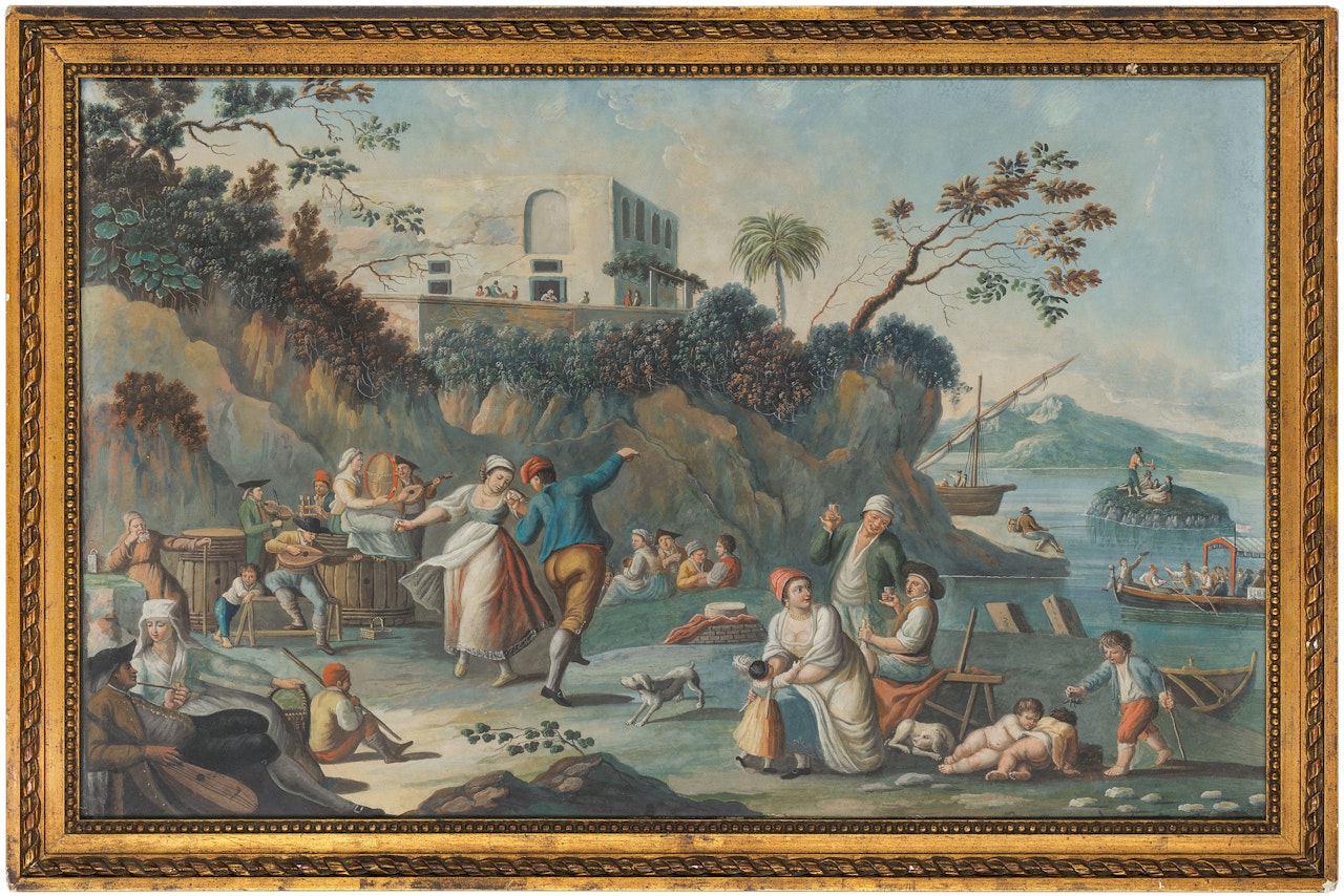 A merry company with a couple dancing by Neapolitan School