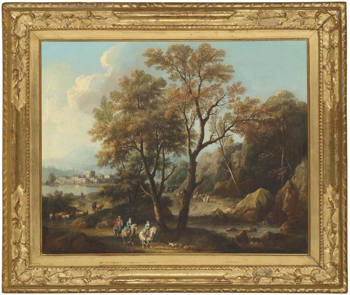 A river landscape with travellers on a path by Giovanni Battista Cimaroli