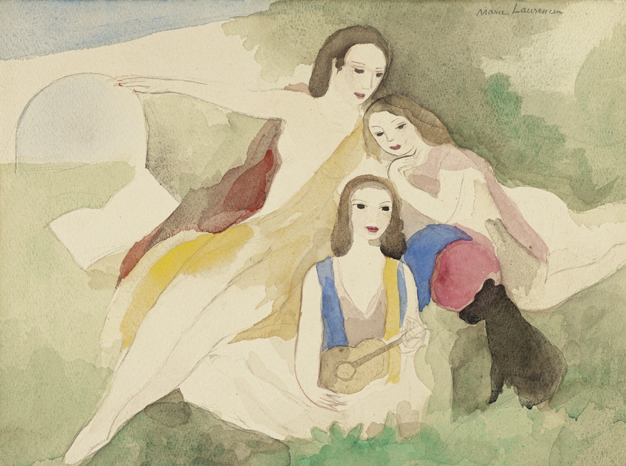 Jeune femme et jeunes filles au chien noir, près d'un pont by Marie Laurencin