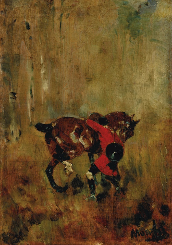 Cavalier de chasse à courre ressanglant son cheval by Henri de Toulouse-Lautrec