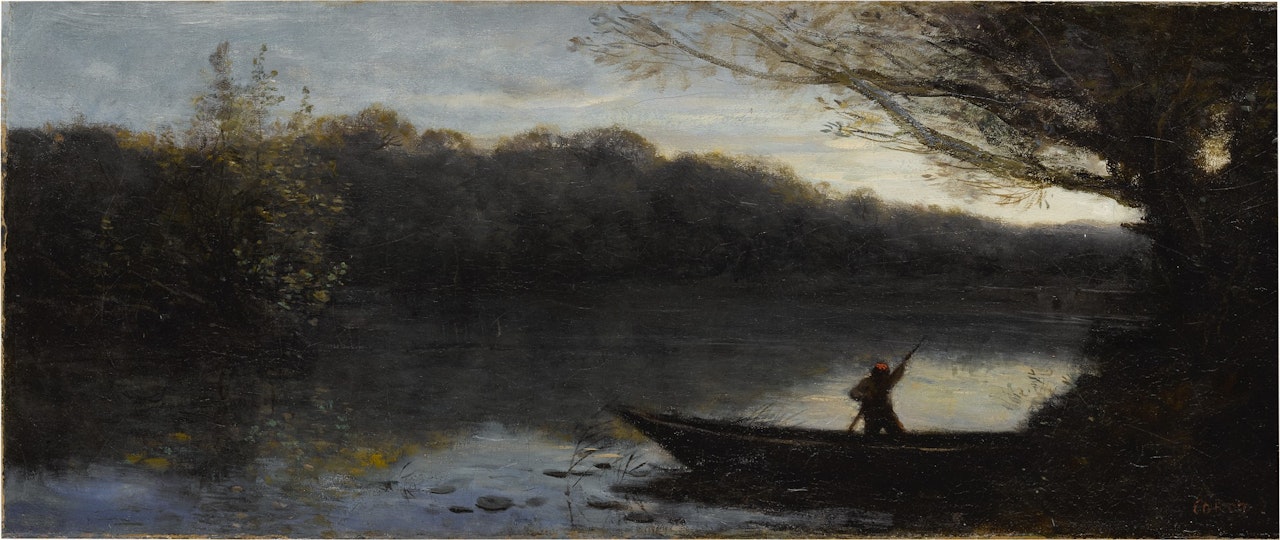 BATELIER ABORDANT À LA RIVE, LE SOIR by Jean Baptiste Camille Corot