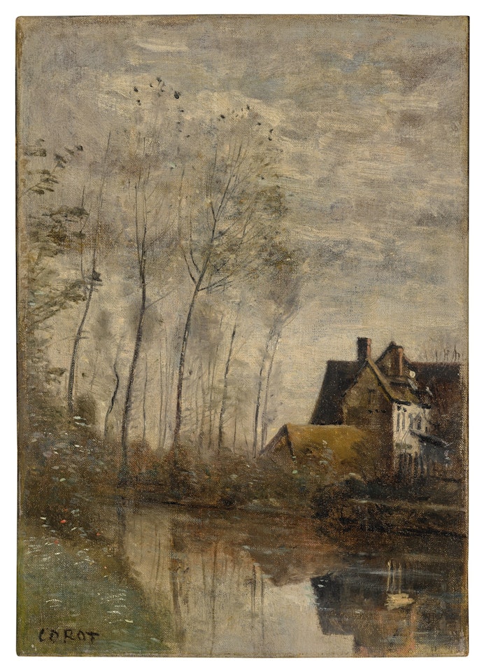 UN COIN DE RIVIÈRE AVEC MAISONS ET PEUPLIERS by Jean Baptiste Camille Corot