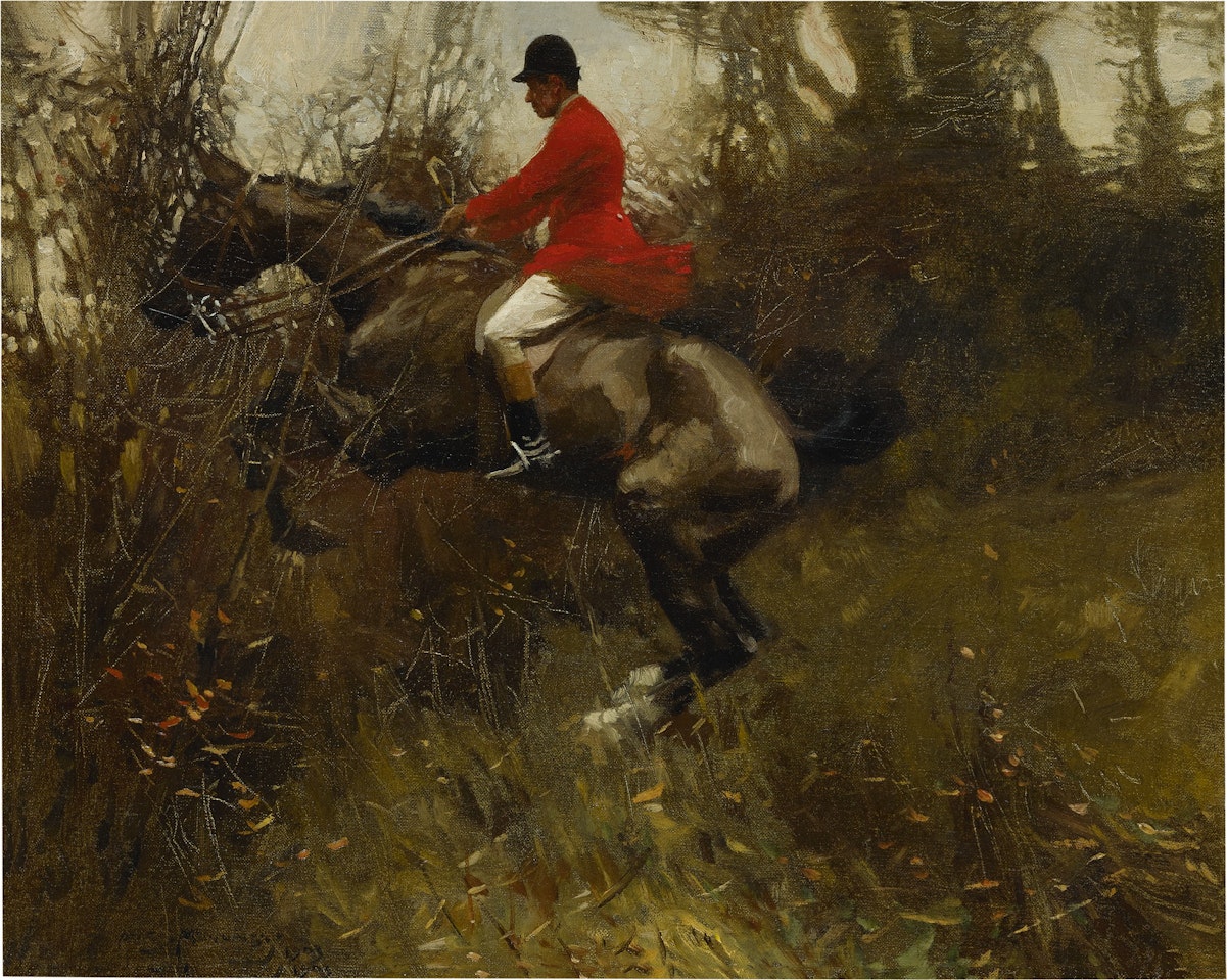 A HUNTSMAN TAKING A DITCH by Alfred James Munnings
