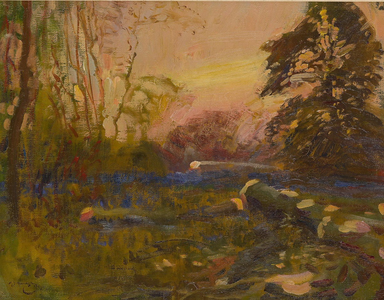 WOODLAND LANDSCAPE AT SUNSET by Alfred James Munnings