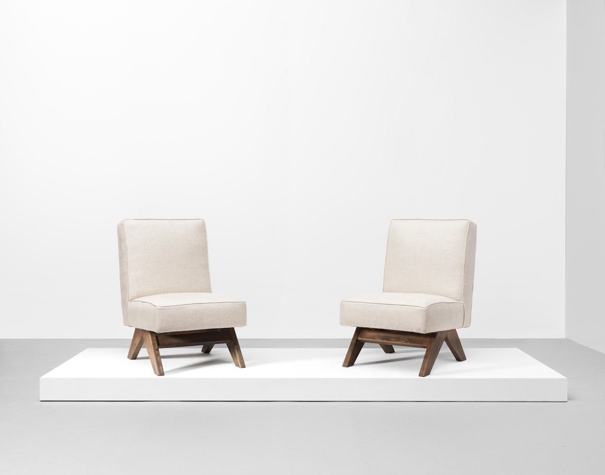 Pair of low chairs, model no. PJ-SI-36-A, designed for the High Court and P. U. Student residences by Pierre Jeanneret