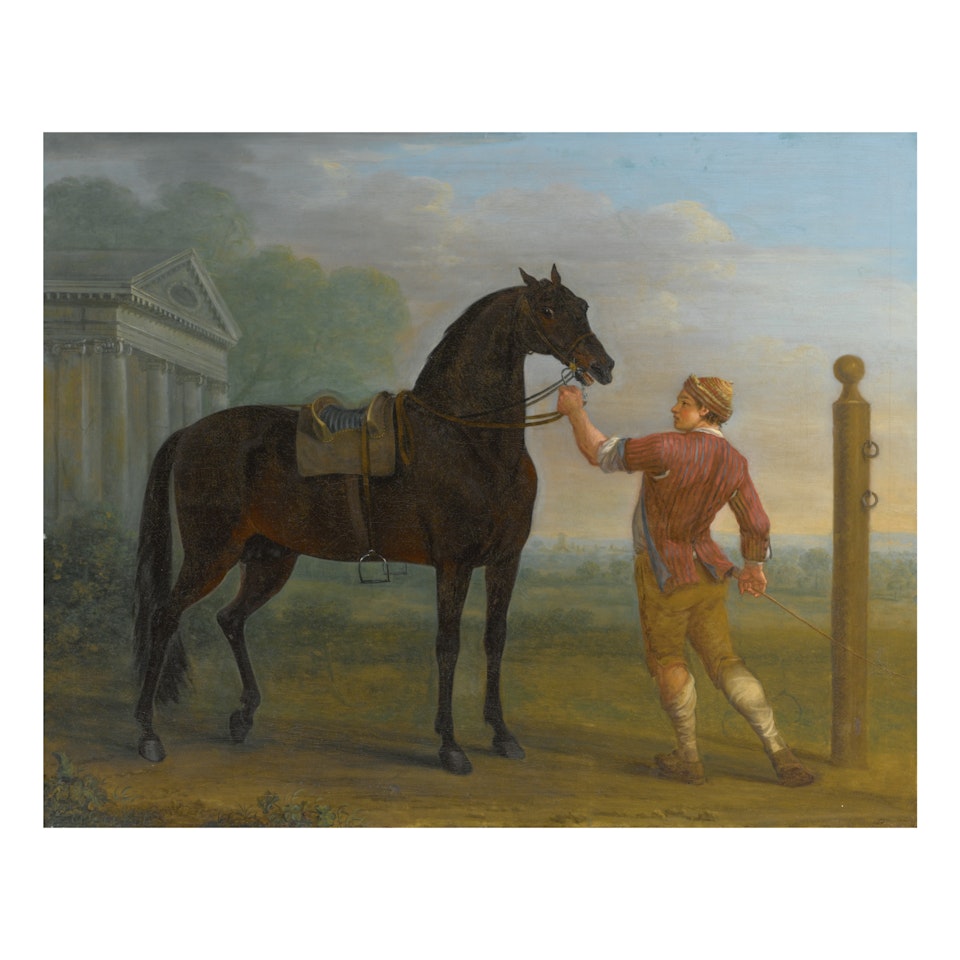 A DARK BAY STALLION, POSSIBLY THE BYERLEY TURK, HELD BY A GROOM IN A LANDSCAPE by John Wootton
