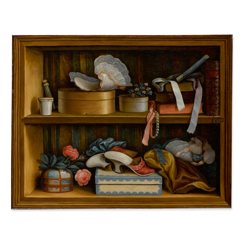 STILL LIFE OF BOITES A COPEAUX, A HEADPIECE, A FAN, RIBBON, FLOWERS, SHOES AND OTHER OBJECTS: AN ALLEGORY OF FEMININITY by French School