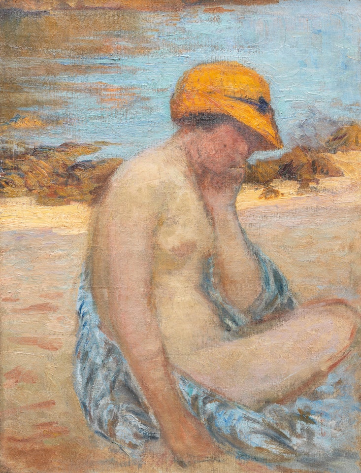 Femme avec une chapeau jaune, Étretat by Henri Lebasque
