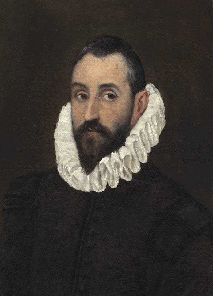 Portrait of a gentleman, bust-length, in a black doublet and cartwheel ruff by El Greco