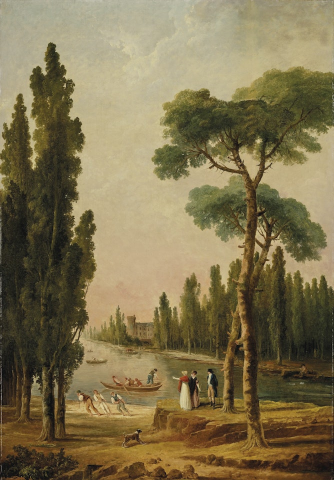 Elegant figures in a river landscape (Le Canal) by Hubert Robert