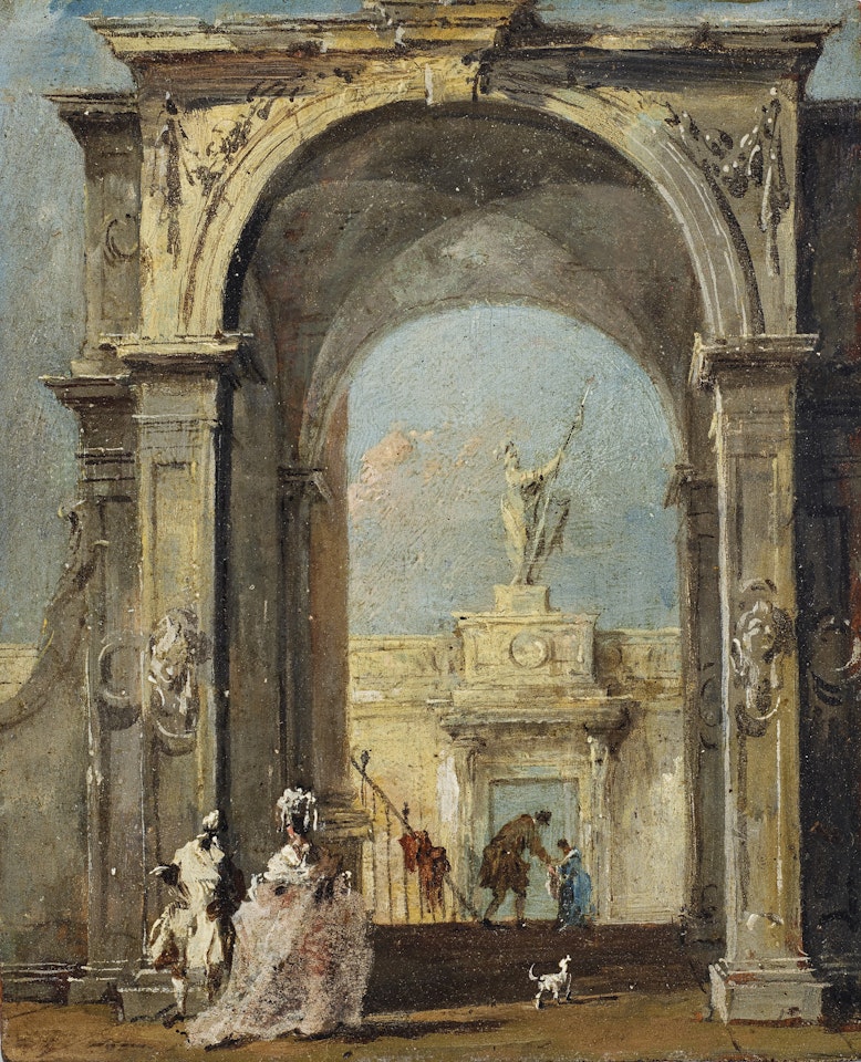 An architectural capriccio with elegantly dressed figures and a dog at the entrance to a palace by Francesco Guardi