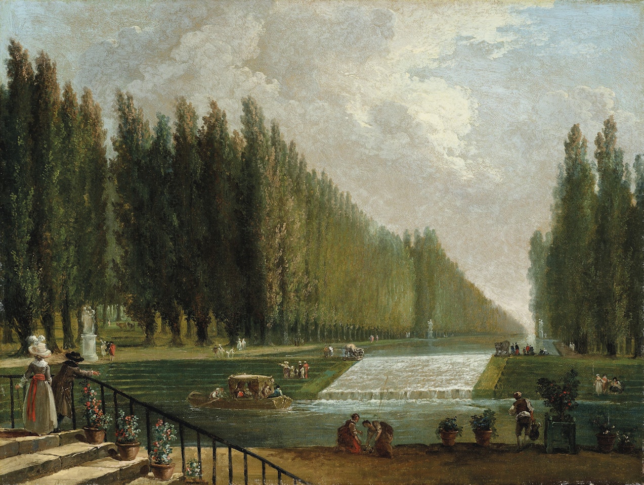 The park of a country villa with figures promenading near a cascade of water by Hubert Robert