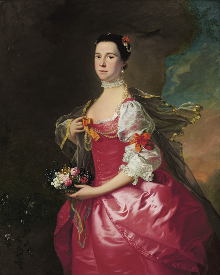 Portrait of a lady, three-quarter-length, in a red dress holding a basket of flowers by Thomas Hudson
