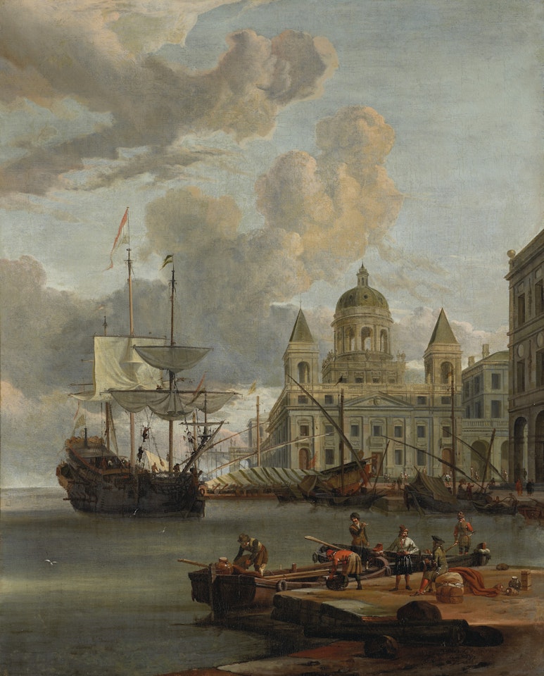 A Mediterranean harbor with figures unloading cargo by Abraham Storck