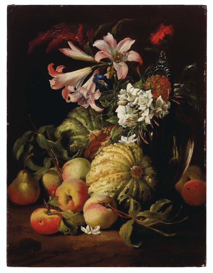 Lilies and other flowers in a glass vase with peaches and melons by Abraham Brueghel