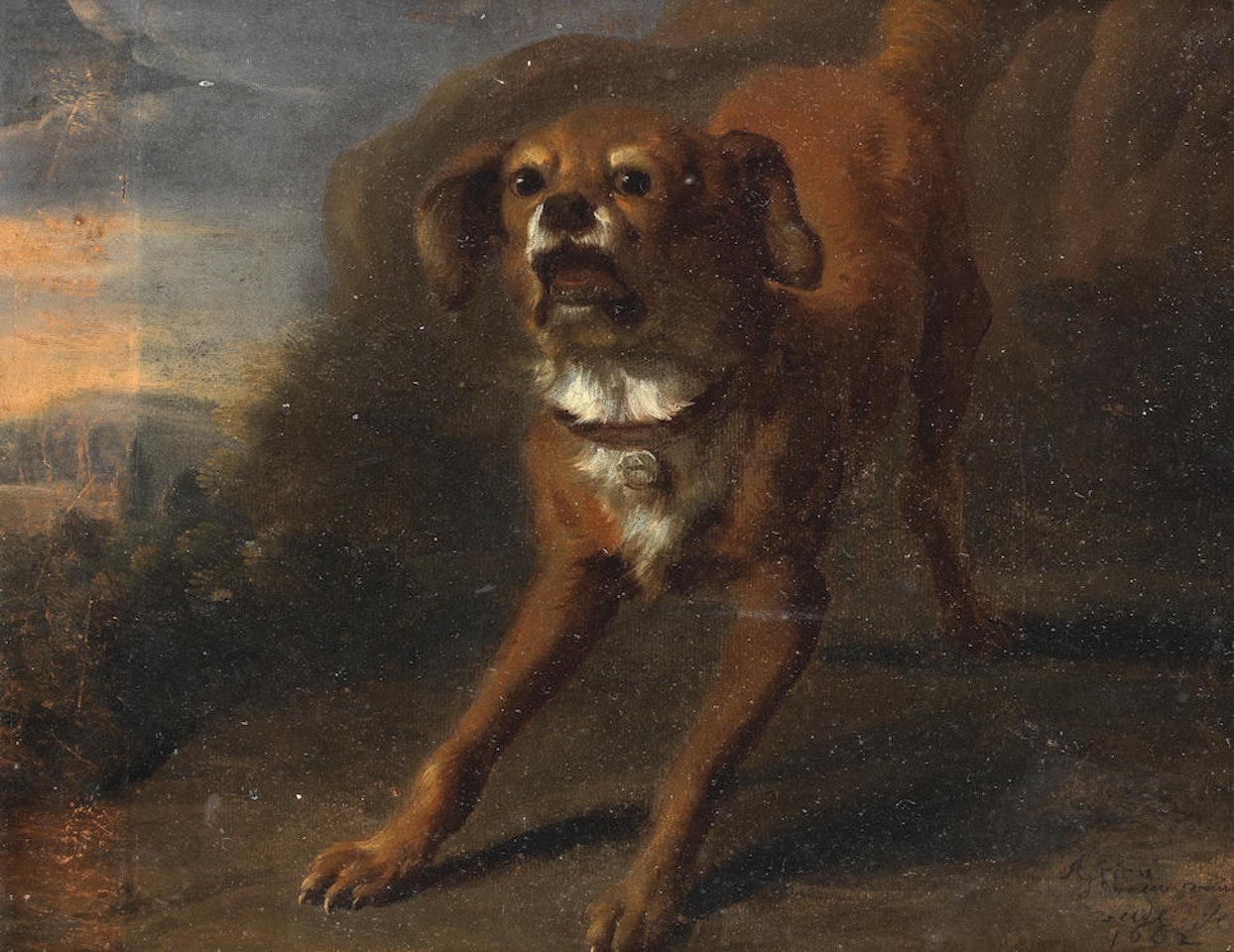 A barking dog in a landscape by Dutch School