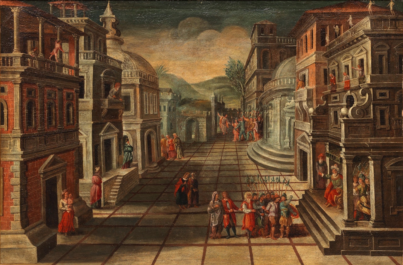 An architectural capriccio with prisoners before a seated figure by Italian School