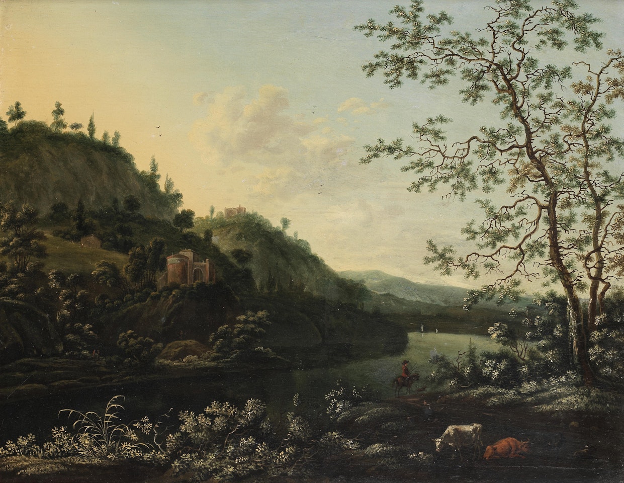 An Italianate river landscape with a figure on horseback by German School