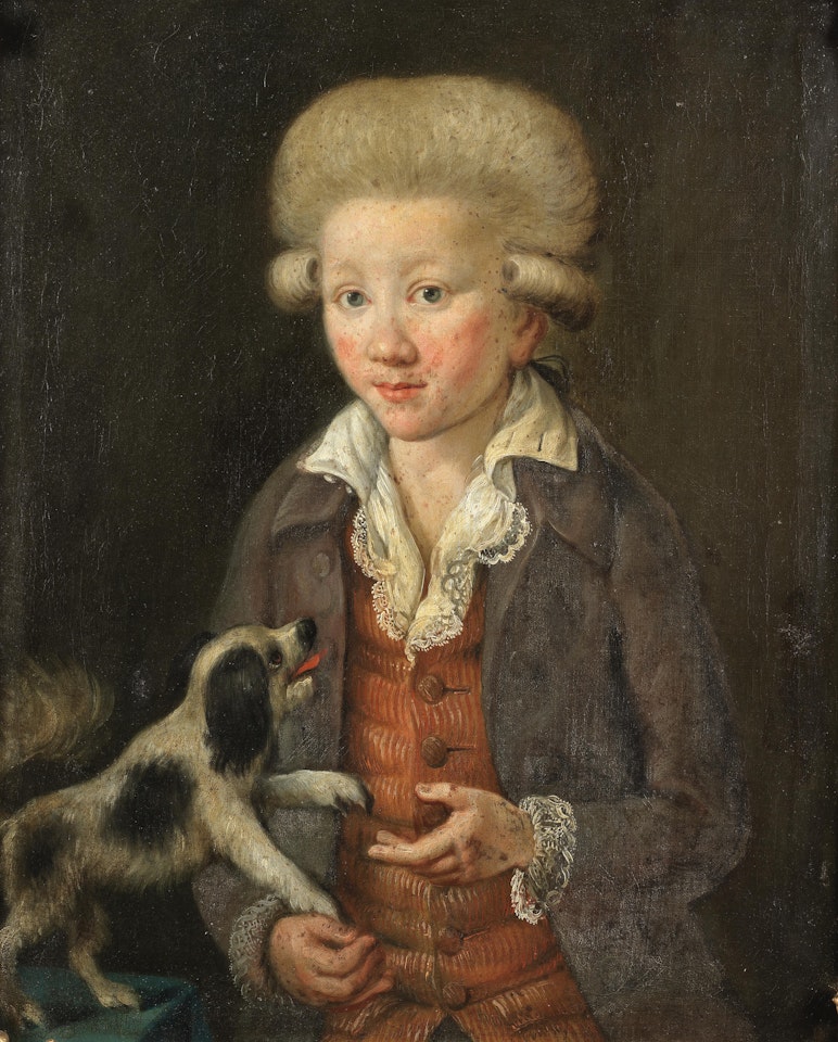 Portrait of a boy, half-length, in a blue coat, red waistcoat and white chemise, with a spaniel by German School