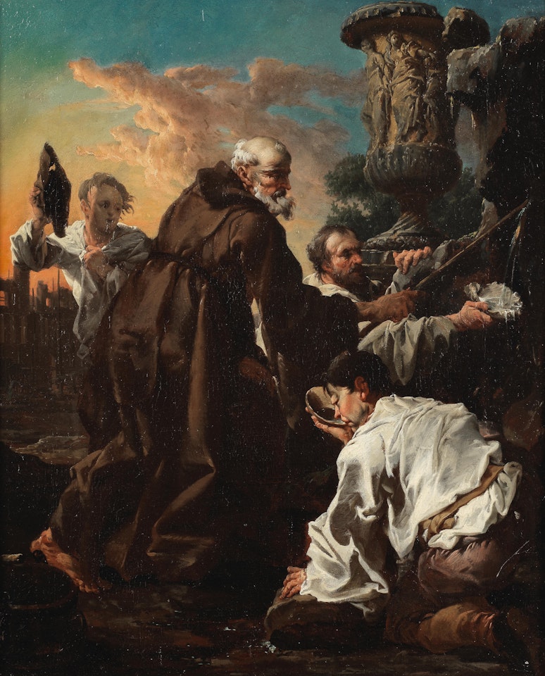 A Franciscan monk drawing water from a stream by German School