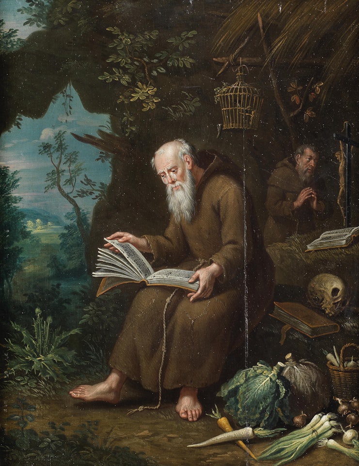 Two hermits meditating in the wilderness by German School