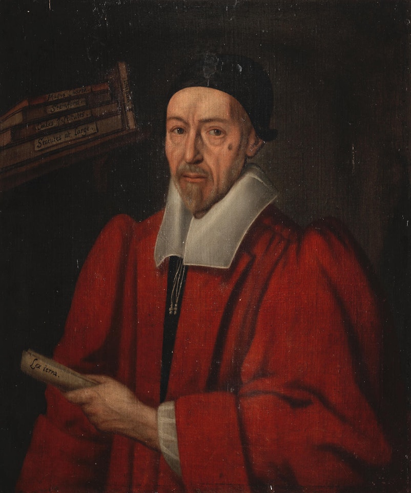 Portrait of David Jenkins, half-length, holding his book Lex Terrae by English School