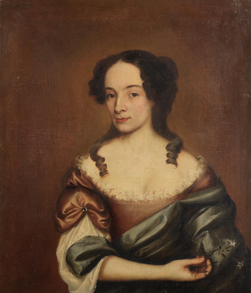 Portrait of a lady, half-length, in a gold dress and a blue wrap by English School