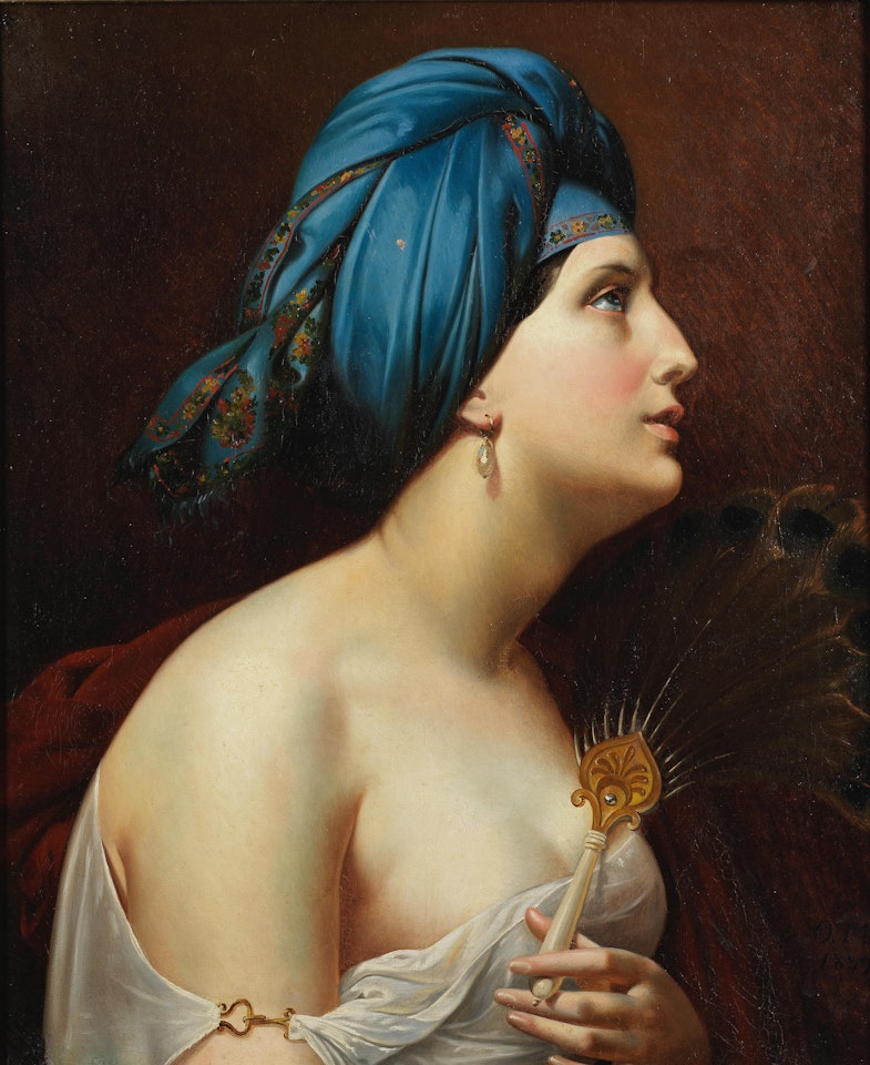 A lady in a turban holding a peacock feather fan by French School