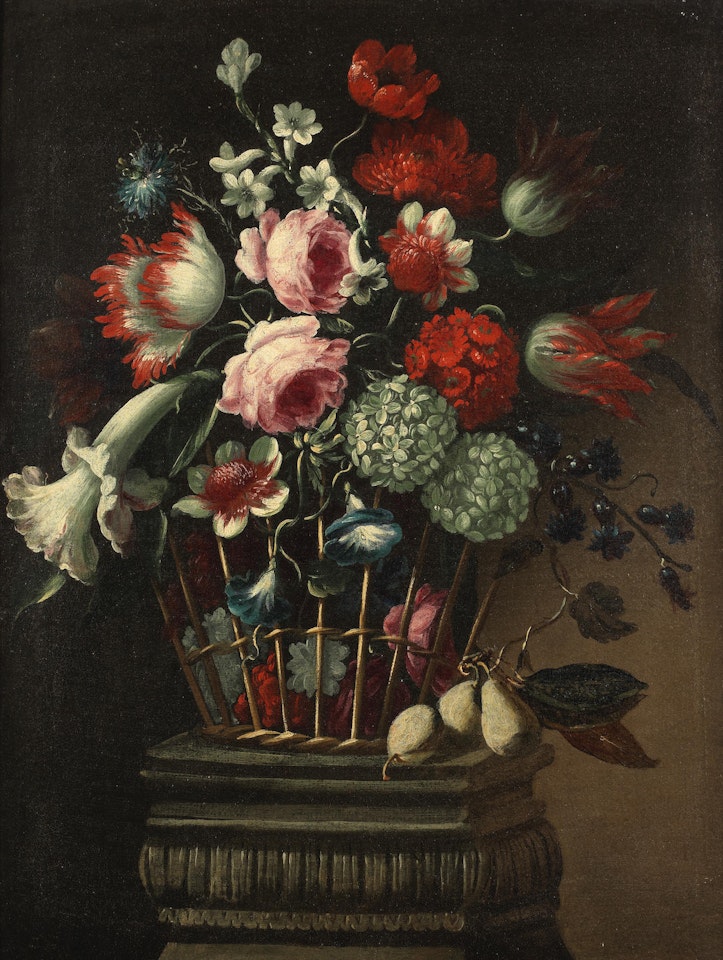 Roses, tulips, convolvulus and other flowers in a basket on a stone plinth by Spanish School