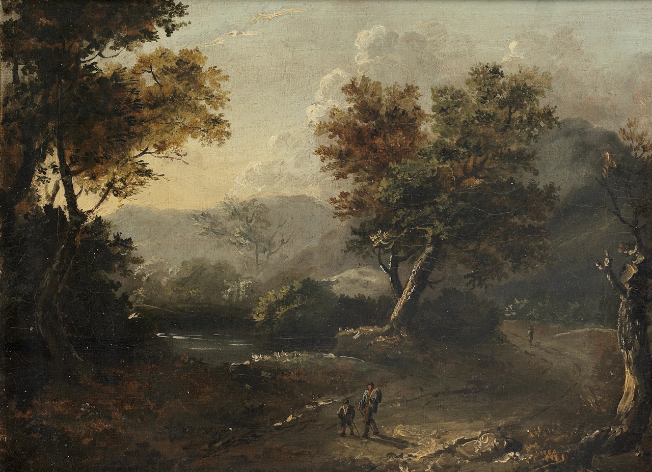 A river landscape with travellers on a wooded path by English School