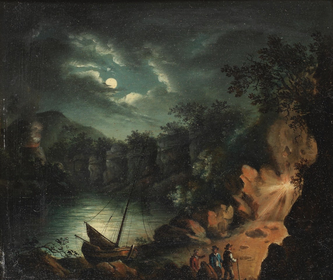 A moonlit landscape with miners before a quarry by English School