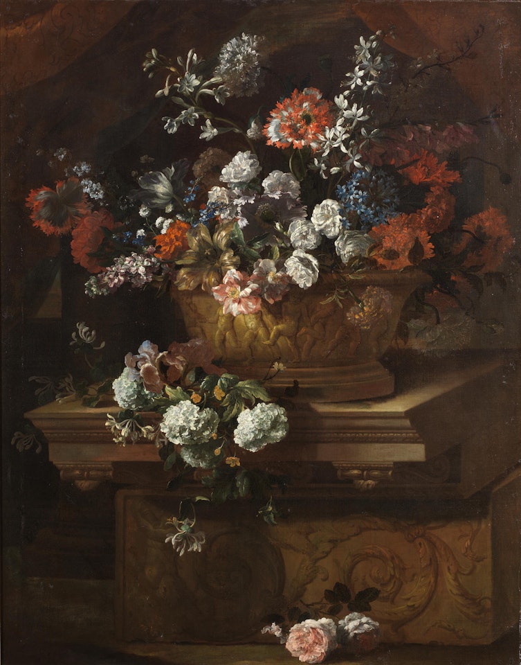 Roses, carnations, tulips, forget-me-nots and other flowers in an urn, with carnations, honeysuckle and other flowers on a classical plinth, before a draped curtain by Jean Baptiste Monnoyer