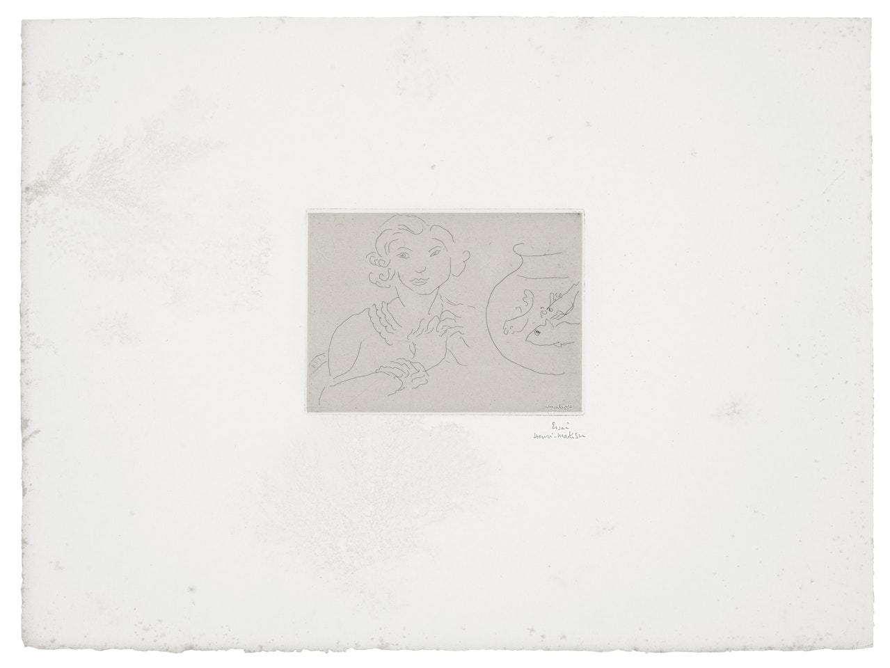 Jeune femme, mains croisées près d'un bocal de poissons by Henri Matisse