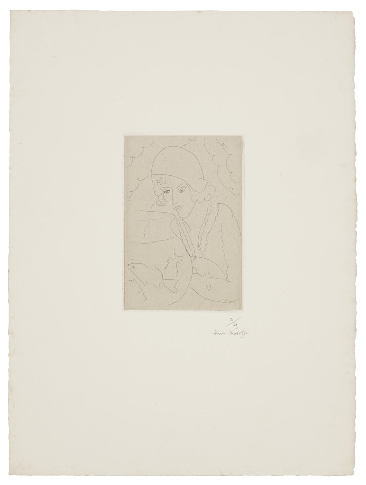 Jeune femme à la coiffure hollandaise, regardent des poissons by Henri Matisse